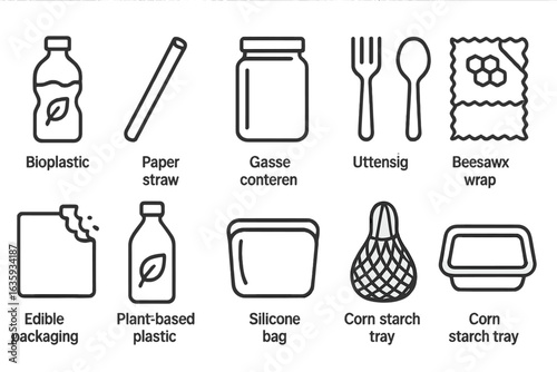 Eco-Friendly Line Icons. Line style icons of plastic alternatives: bioplastic bottle, paper straw icon, glass container,