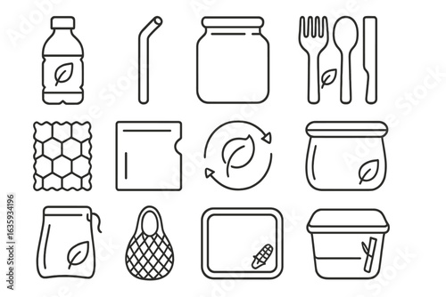 Eco-Friendly Line Icons. Line style icons of plastic alternatives: bioplastic bottle, paper straw icon, glass container,