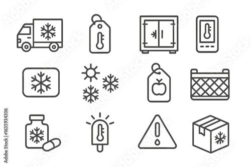 Cold Chain Icons. Line style icons of cold chain logistics: refrigerated truck icon, temperature tag, cold box container, temp