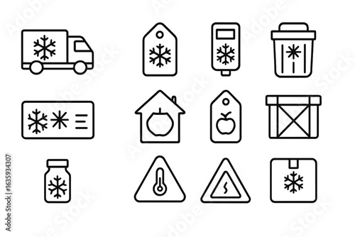 Cold Chain Icons. Line style icons of cold chain logistics: refrigerated truck icon, temperature tag, cold box container, temp