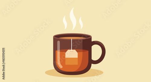 Hot beverage in brown mug with teabag steeping, steam curls on beige backdrop