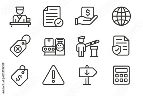 Customs Regulation Icons. Line style icons of customs and regulation: customs officer icon, regulation sheet, import duty icon,