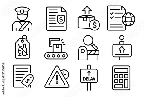 Customs Regulation Icons. Line style icons of customs and regulation: customs officer icon, regulation sheet, import duty icon,
