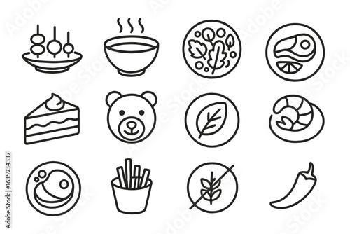 Food Menu Icons. Line style icons of food menu categories: appetizer icon, soup bowl, salad plate, main course icon, dessert slice