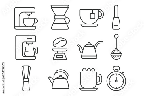 Beverage Brewing Icons. Line style icons of beverages and brewing: espresso shot icon, pour-over icon, tea steeping, drip brew