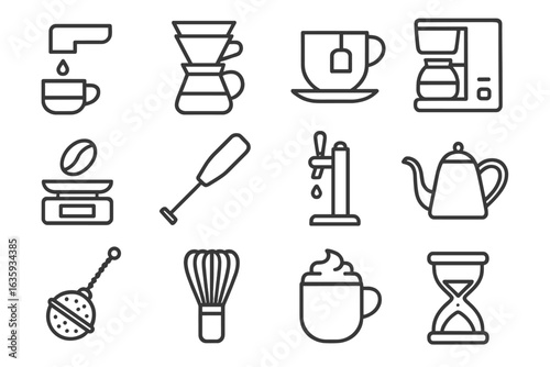 Beverage Brewing Icons. Line style icons of beverages and brewing: espresso shot icon, pour-over icon, tea steeping, drip brew