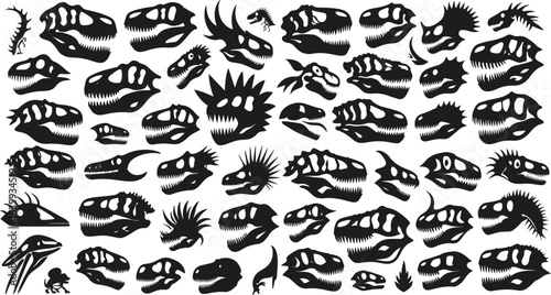 Fossil Dinosaur Silhouette Set – Skull, Teeth, Bone Skeleton Graphics Featuring Tyrannosaurus, Velociraptor, Triceratops, Stegosaurus, Diplodocus, Allosaurus, Parasaurolophus