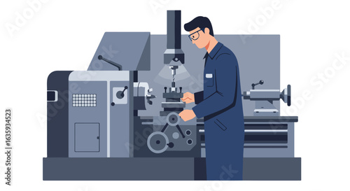 Factory worker operates machine tool, wearing glasses and navy coveralls in workshop
