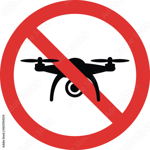 A red circular prohibition sign displays a silhouette of a drone, clearly indicating a restricted area for unmanned aerial vehicle operations.