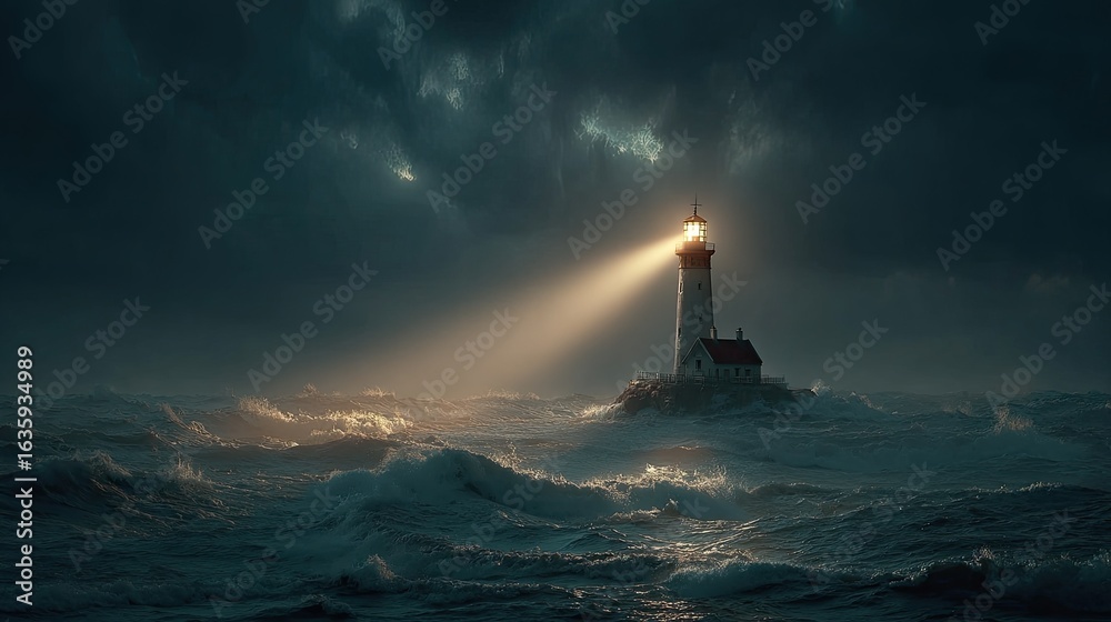 Fototapeta premium Stormy sea, lighthouse beacon
