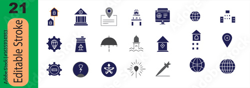 Building and location icons with editable stroke collection