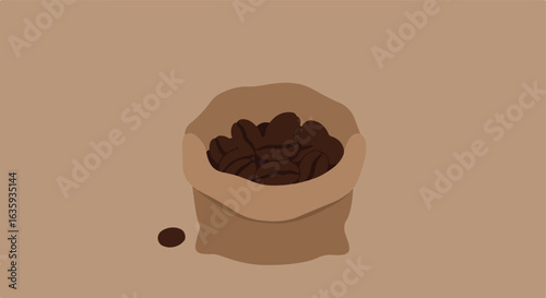 Coffee Bean Sack Beige sack filled with dark brown roasted beans, isolated on beige