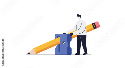 Illustration of a person sharpening a giant pencil with a blue sharpener