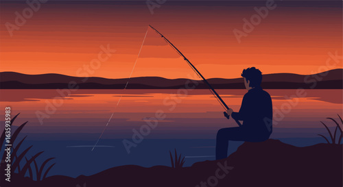 Silhouette of someone fishing by a calm lake at twilight with an orange sky