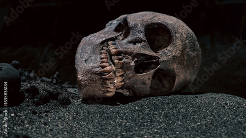 Εκτύπωση καμβά the human skull lies on the sand close up