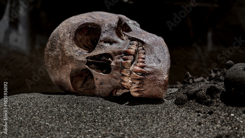 Принти на полотні the human skull lies on the sand close up