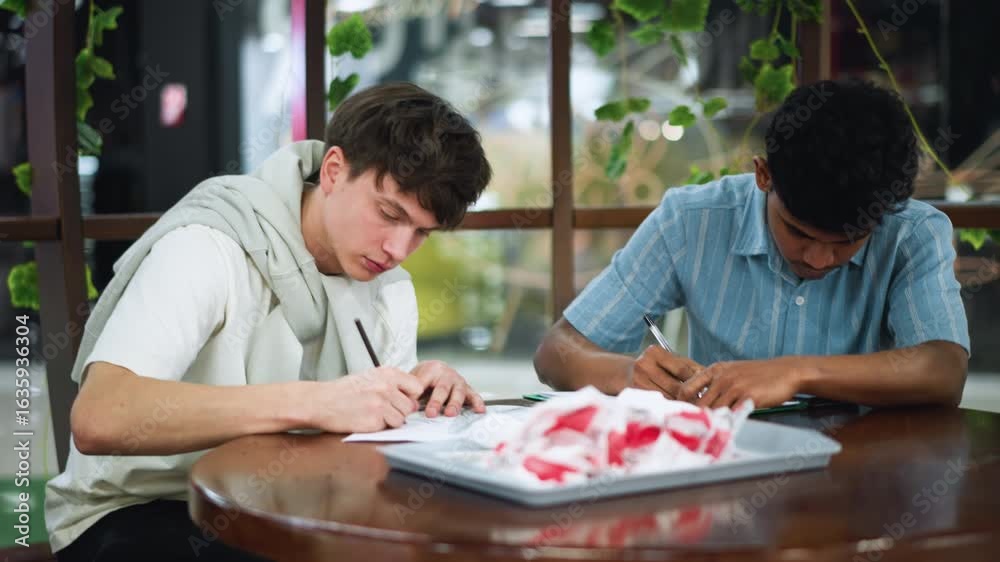 Focused artist leaning over sketchbook making precise pencil strokes on paper while wearing intense serious expression subtle wrist movement highlights careful drawing technique under ambient light