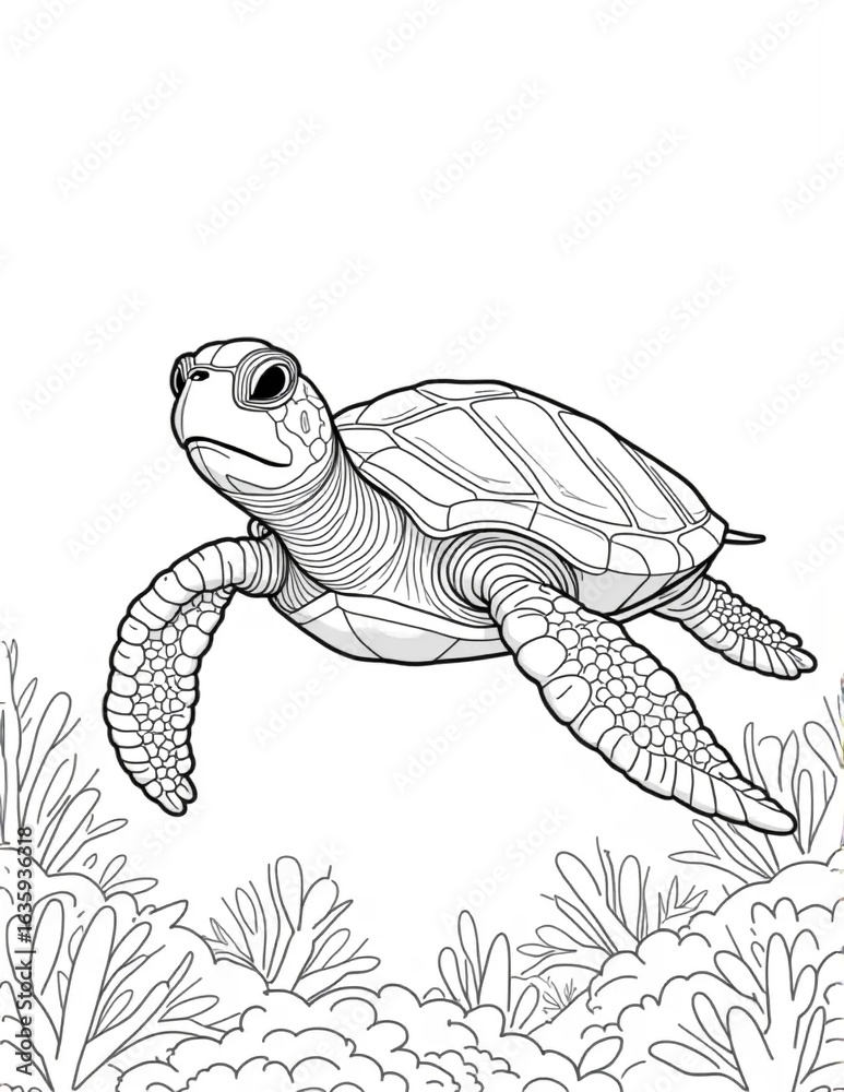 Fototapeta premium Sea Turtle with Underwater Plants Front View Coloring Page