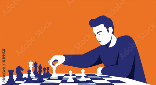 Man playing chess game with strategic planning on a blue and white checkered board