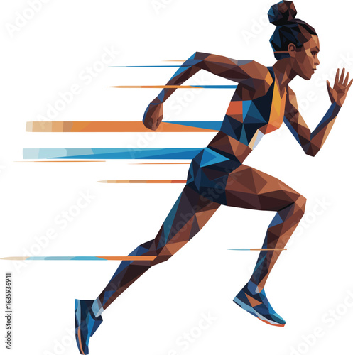 Athletic woman running with speed and energy, dynamic motion, powerful strides, low poly design, fitness and healthy lifestyle concept