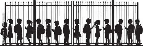 Black silhouette of children with backpacks standing in a line behind a tall black metal gate kids school