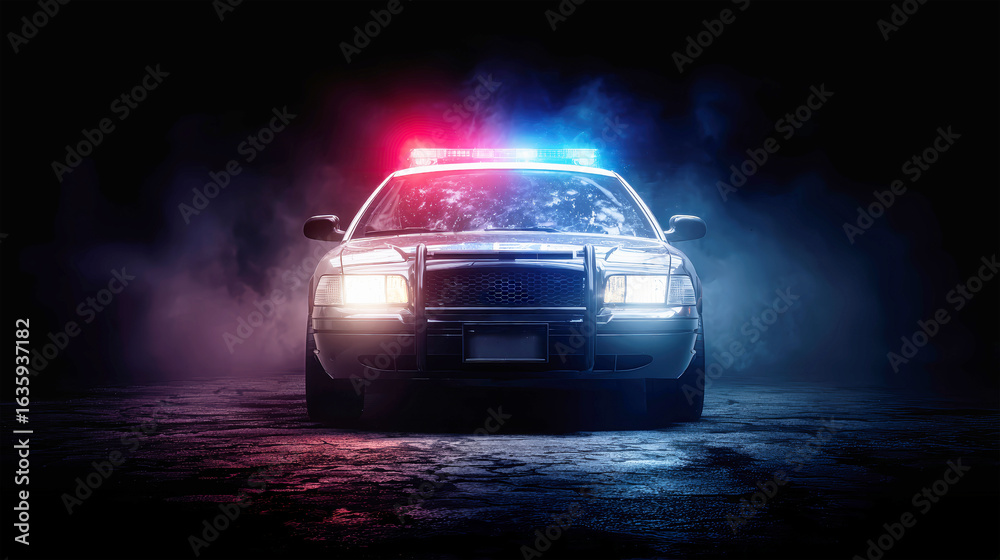 Naklejka premium Emergency response vehicle with flashing lights at night creates a dramatic atmosphere