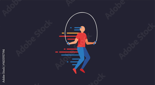 Animated flat illustration of a figure skipping rope with motion streaks