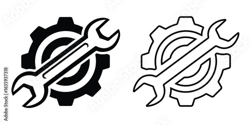 AI Generated. A black and white graphic vector featuring a wrench crossed over a gear, representing repair and mechanics.
