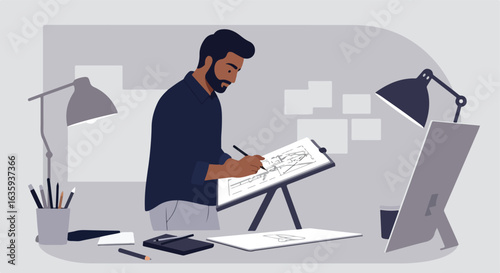 Designer crafting blueprints using a pen on a drawing board, amidst desk setup