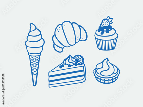 Hand-drawn sweets. Line art, ink, minimalist style. Vector illustration. Food collection.
