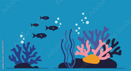 Aquatic scene shows fish, bubbles, coral, algae, & rock on the ocean floor