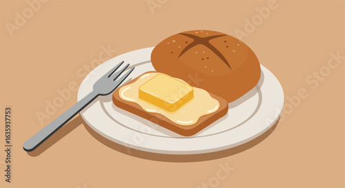 Tasty plate holds buttered toast, round brown bread, and metal fork for eating