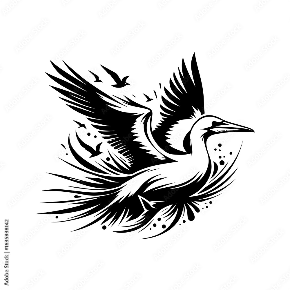 Fototapeta premium Stylized black and white bird in flight with smaller birds