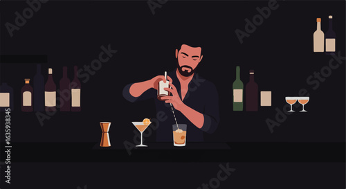 A bartender is stirring a cocktail, ready to serve drinks on the counter at bar