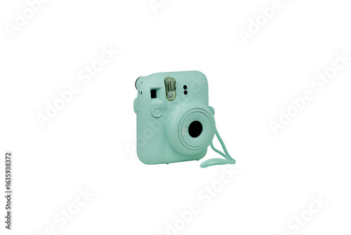 Turquoise Polaroid camera. Isolated on transparent background. PNG image