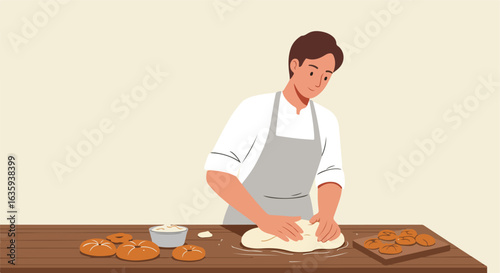Baker kneads dough at table with finished bread, cream cheese, apron, white shirt