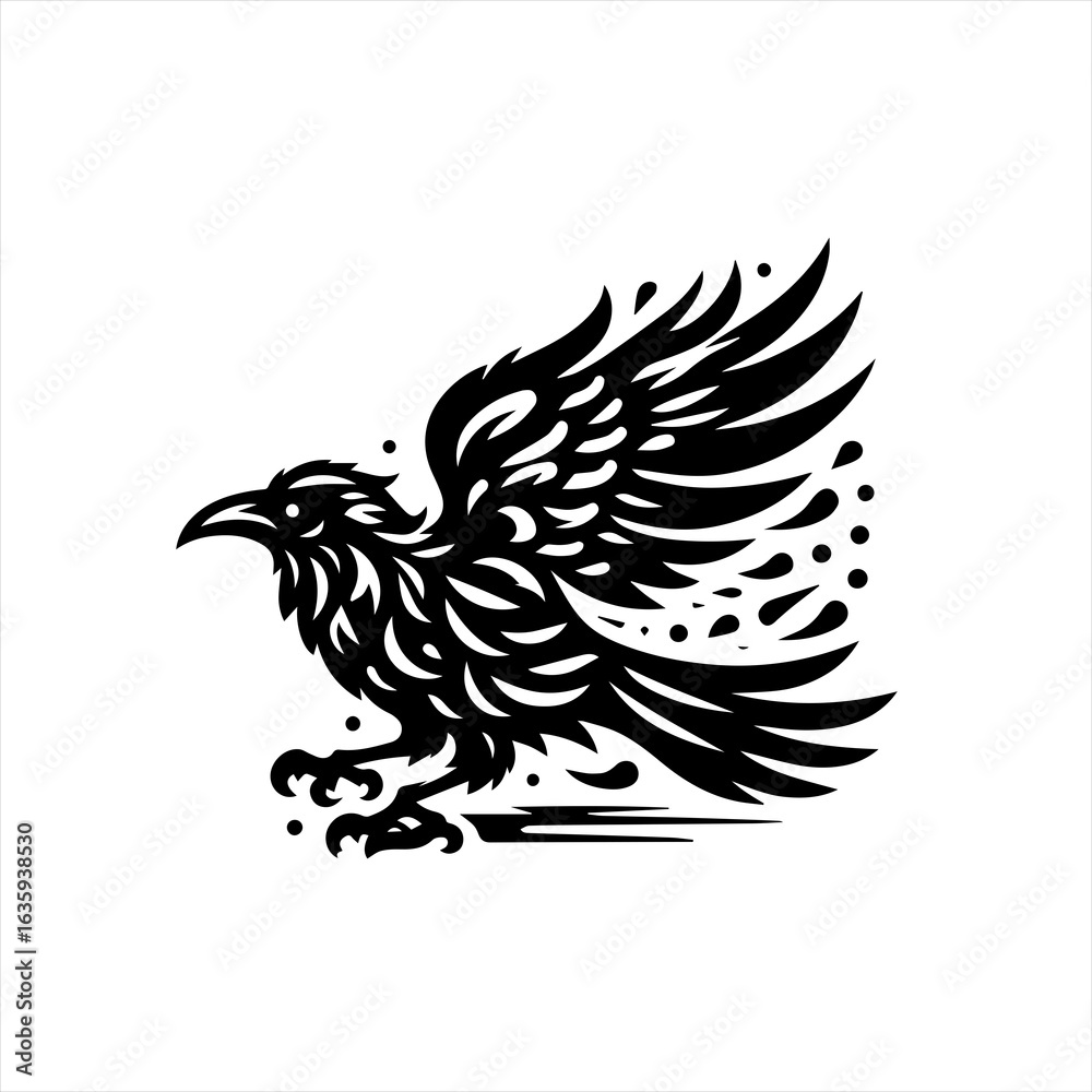 Fototapeta premium Stylized black raven with flowing feathers and droplets