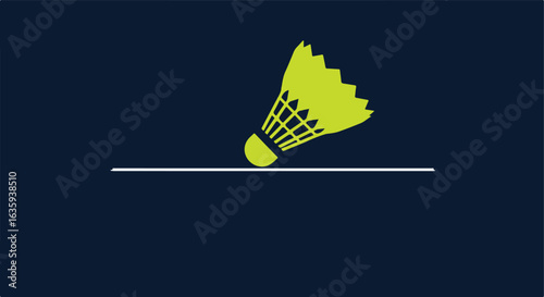 A chartreuse shuttlecock hovers over a white line, against a dark background