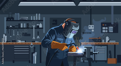 A worker welds material in a workshop, sparks and light showing intense heat