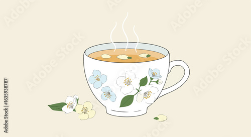 Steaming cup with floral design. Herbal tea with light floral accents and beige backdrop