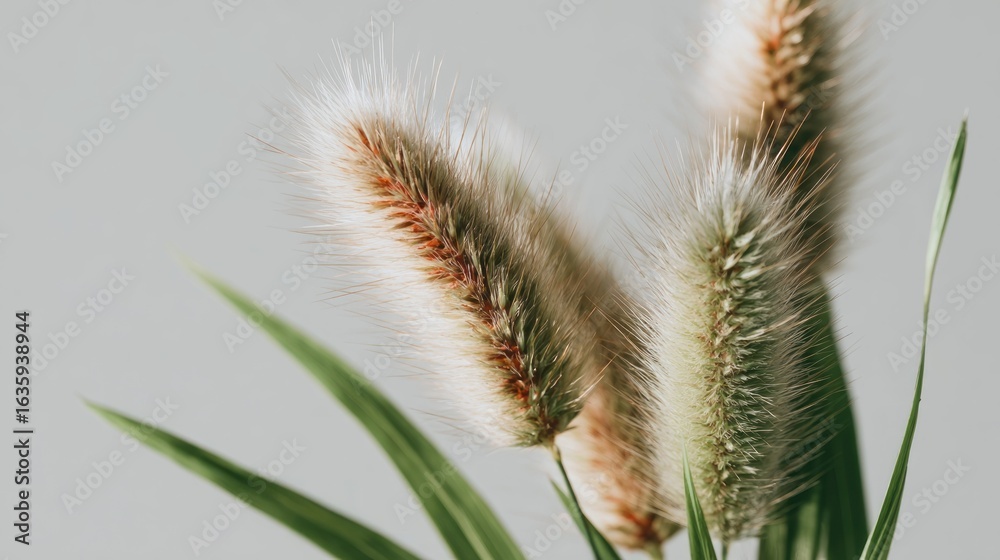 Obraz premium Soft, fluffy grass plumes with green leaves against a muted grey background