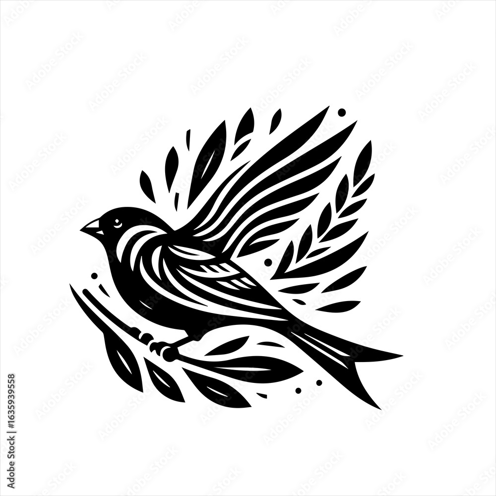 Fototapeta premium Stylized black bird perched on a branch with abstract leaves and feathers