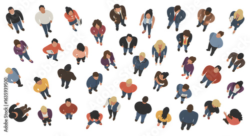 People top view. Overhead of human, men gathering crowd. Person walking, diverse isolated characters community. Urban man woman utter vector set