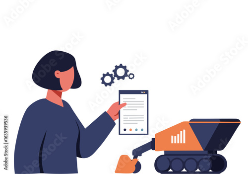 A professional woman analyzes data with charts and graphs, overseeing a construction excavator. Modern, digital business concept.