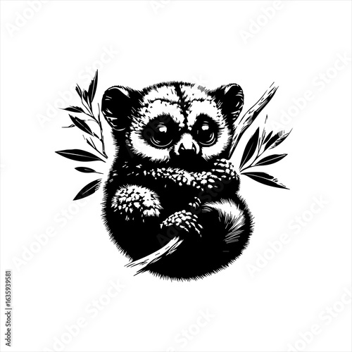 Adorable slow loris clinging to a branch with leaves in a black and white illustration