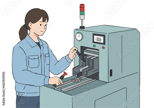 A female technician inspects a test timer machine, focused on quality control. Clean, modern illustration style.  Clear composition, professional setting.