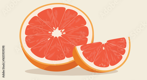 Sliced grapefruit displays textured flesh, skin, and light beige background
