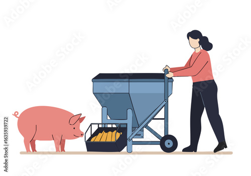 A woman feeds a pig with a feed dispenser. A clean, modern illustration depicts a farm setting. Simple, appealing design.