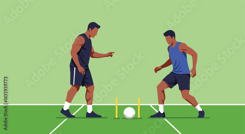 Two athletes compete with a ball between yellow posts on green field