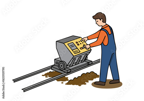 worker adjusts a test rail on a miniature railway The illustration features a detailed modern design with a focus on precision and engineering Clean lines and a muted color palette 